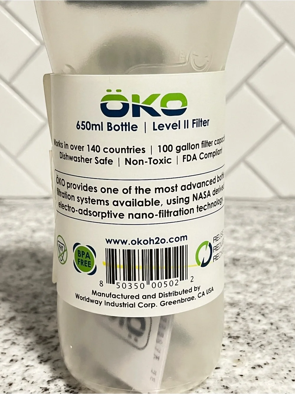 ÖKO H2O 650ml Level II Water Filter Bottle BPA Free New w/ Directions Camping